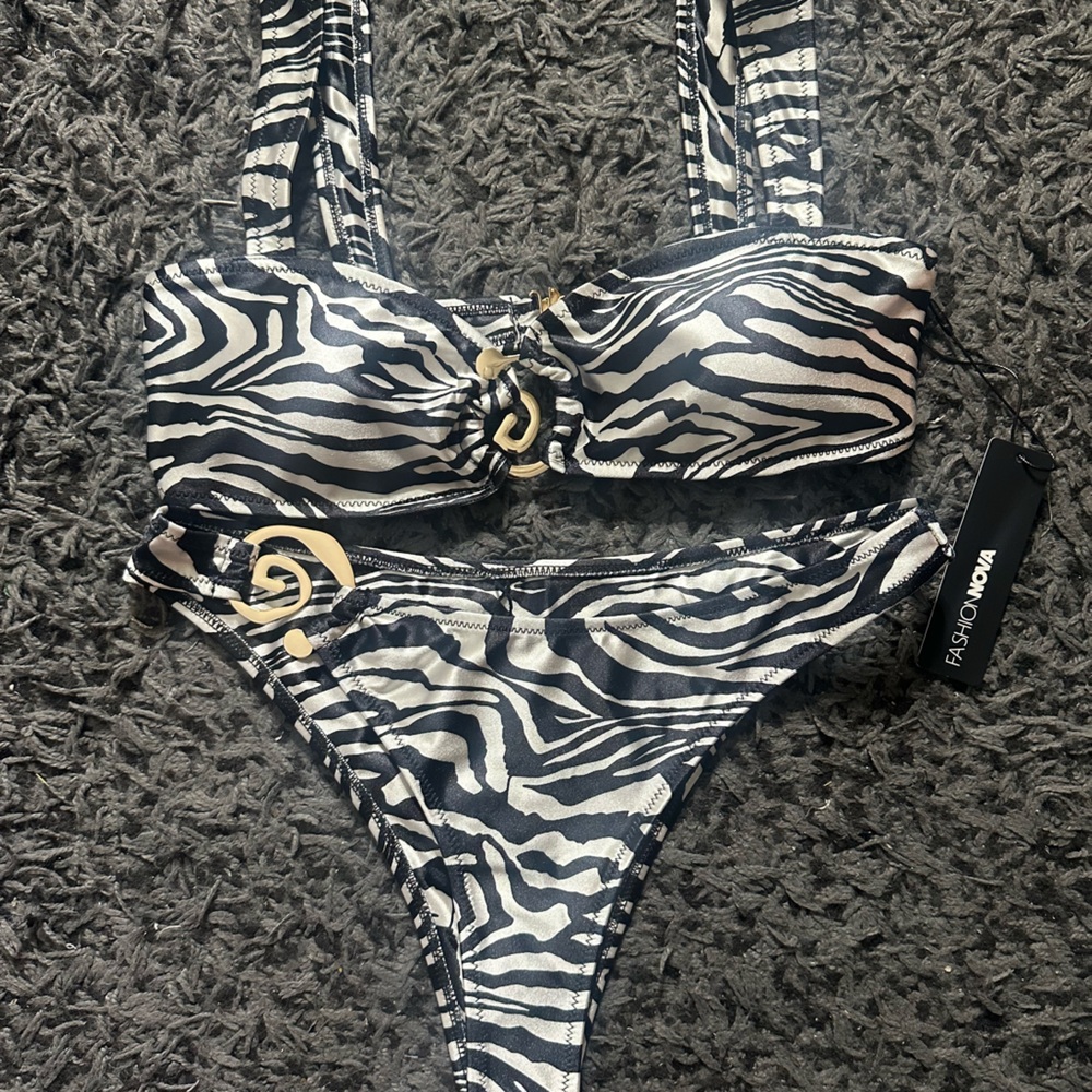 Fashion Nova Zebra Print Bikini - Black and White